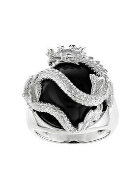 Black Agate Rhodium Over Sterling Silver Dragon Statement Ring Size 7